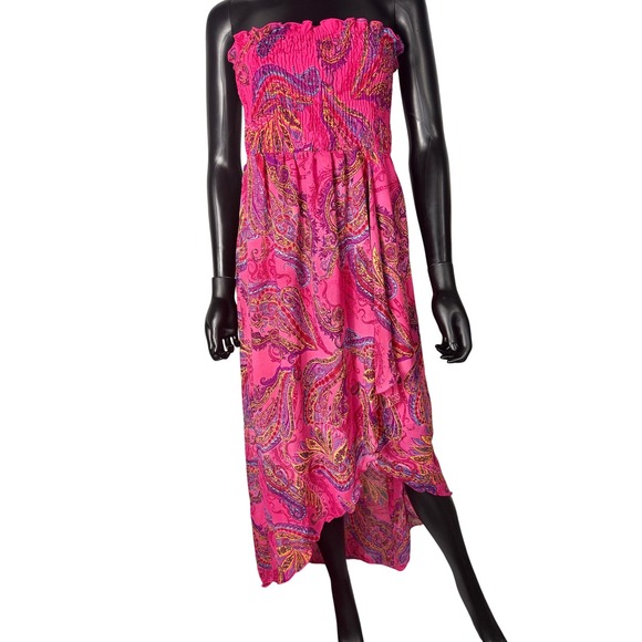 Snap Pink Paisley Strapless Dress High Low Hem Maxi Dress Summer Beach Cover LUp - Picture 4 of 9
